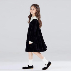 2025法式黑色丝绒连衣裙花瓣领公主甜美礼服派对冬女童