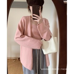 韩版温柔风宽松针织开衫吊带背心两件套春秋新品温柔减龄洋气毛衣