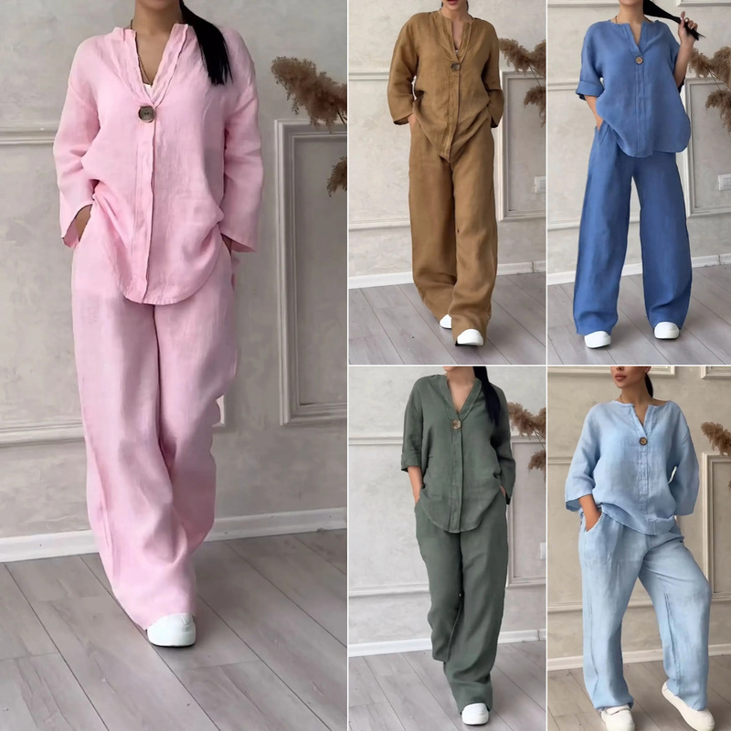 2024 New Summer Cross-Border Amazon Women's 2-Piece Set Large Size Cotton and Linen Shirt Set High-Waisted Loose Trousers