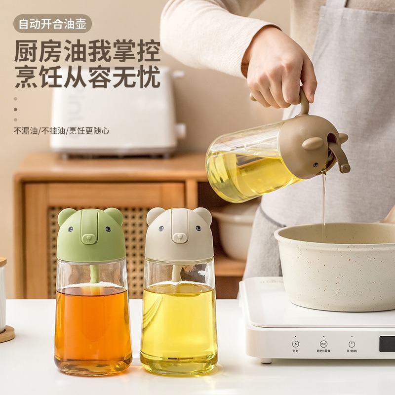 Botella de aceite de vidrio japonesa para llenar aceite de vertido de aceite a prueba de fugas de cocina doméstica de apertura y cierre automático de gran capacidad de vinagre de salsa de soja botella de aceite