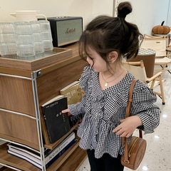 Elmo Beibei Korean style children's clothing girls black and white contrasting style V-neck fungus lace temperament plaid doll shirt