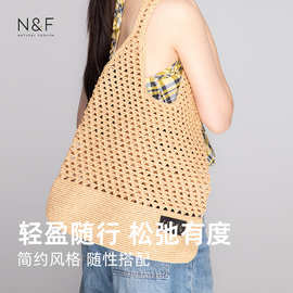N&F新款度假托特单肩斜挎沙滩编织女包复古简约大容量狮岭包包