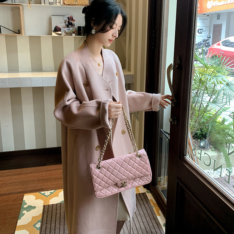 Pink Coat Korean Double-Sided Woolen Cloth Autumn and Winter New Camel Velvet Coat Small Vertical Collar Buckle Pocket Long Coat