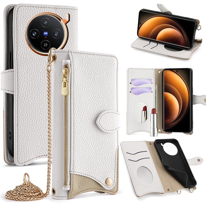 Oppo Flip Mirror Leather Phone Case Reno15F Shoulder Strap Chain Reno14 Protective Case Reno10 Compatible