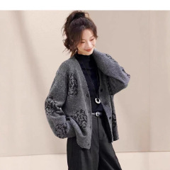 哥家商场同款女装2025秋季V领百搭针织开衫韩版宽松提花毛衣外套