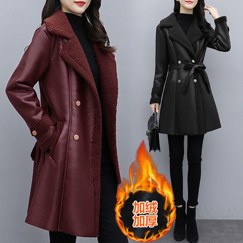 Large Women's wear Autumn and winter new pattern Plush thickening Fur one coat Fat mother leather clothing Mid length version overcoat