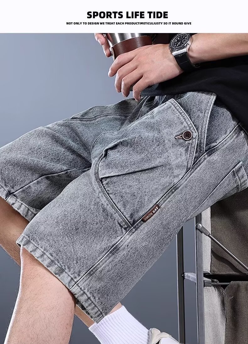 Men's Washed Denim Cargo Shorts Loose Fit Retro Streetwear Style_voghion.com