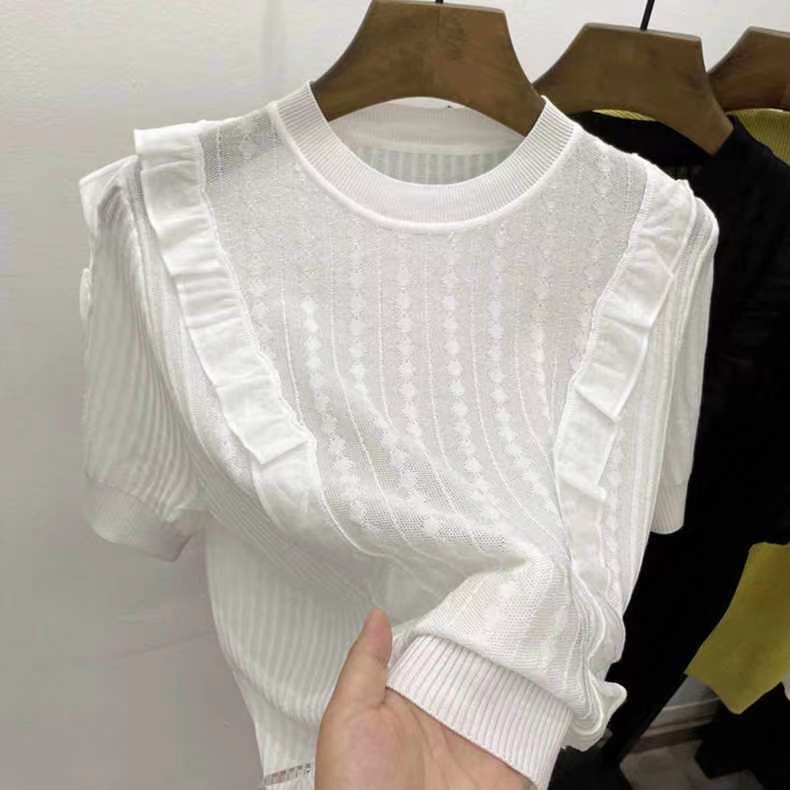 Áo thun dệt kim lụa băng mỏng viền bèo tay ngắn — Màu đen chi tiết 2