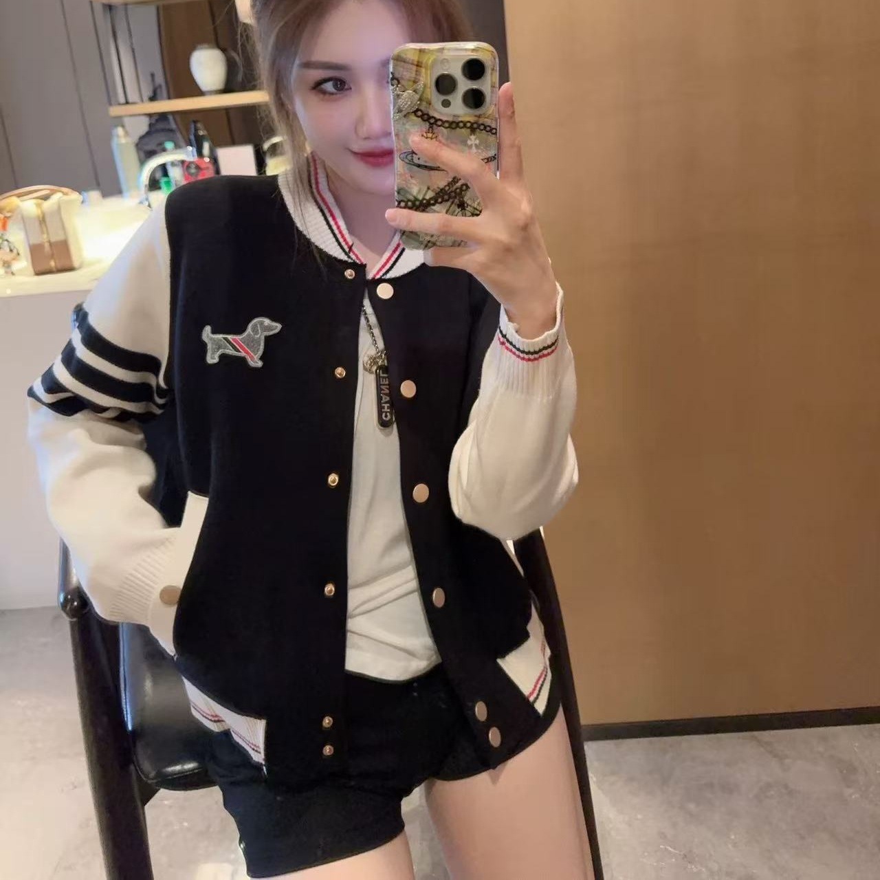 TB学院风撞色拼接立领棒球服外套设计感小狗贴布口袋百搭毛衣开衫