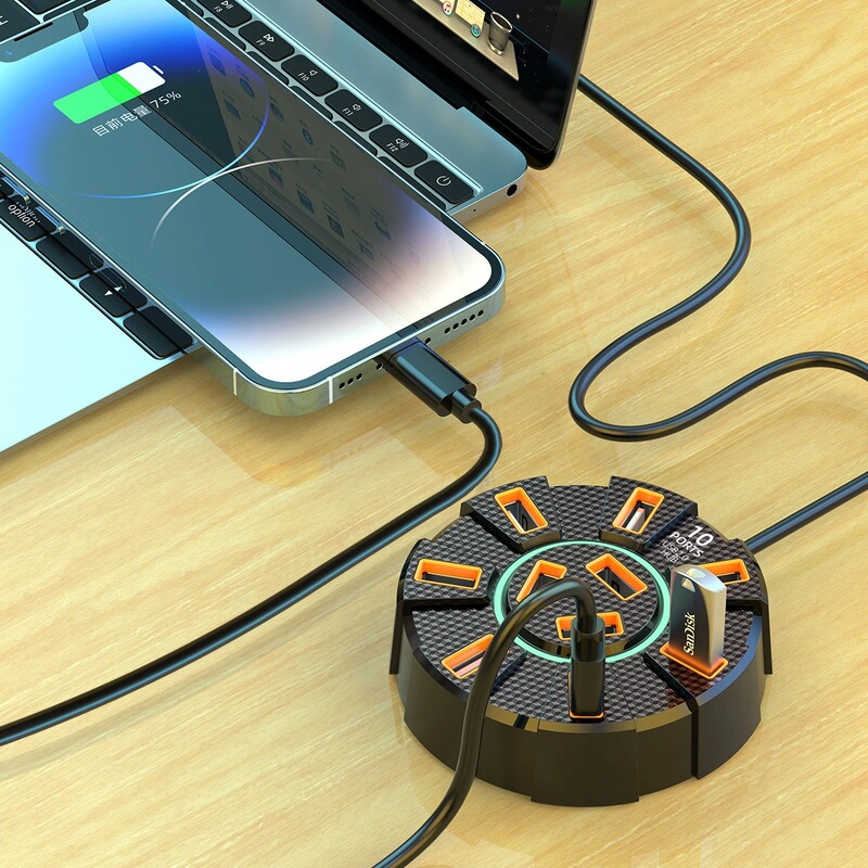 New colorful atmosphere light USB10-port 2.0 hub one-to-ten docking station multi-port external power supply