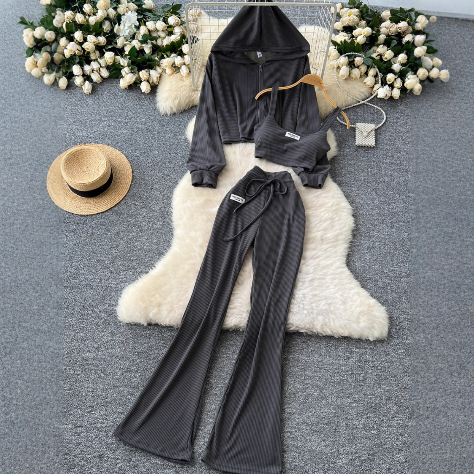 Cross-Border Sportswear Women's Two-Piece Set 2024 Autumn Simple Bottoming Camisole + Long-Sleeved Hooded Jacket + Slightly Flared Rest