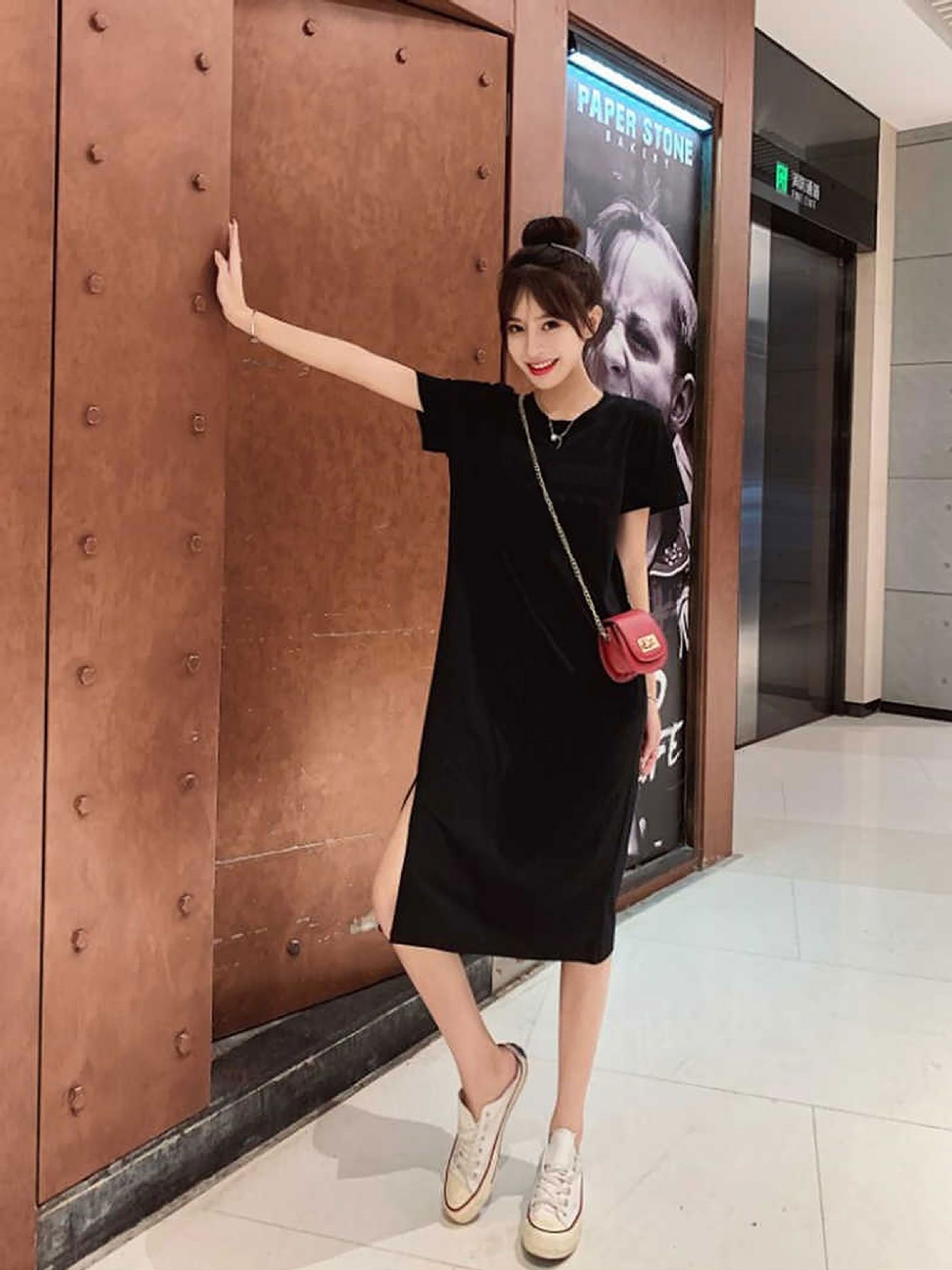 Real Shot of Summer Dress Women's Casual Belly-Covering Large Size Loose Mid-Length Over-The-Knee Bottoming Slit Short-Sleeved T-Skirt