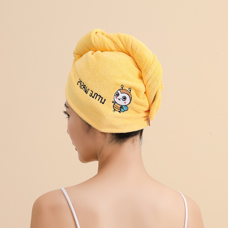 Asciugamano per capelli in pile di corallo all'ingrosso per donne con capelli lunghi, assorbente e ad asciugatura rapida, con cuffia triangolare ricamata._voghion.com
