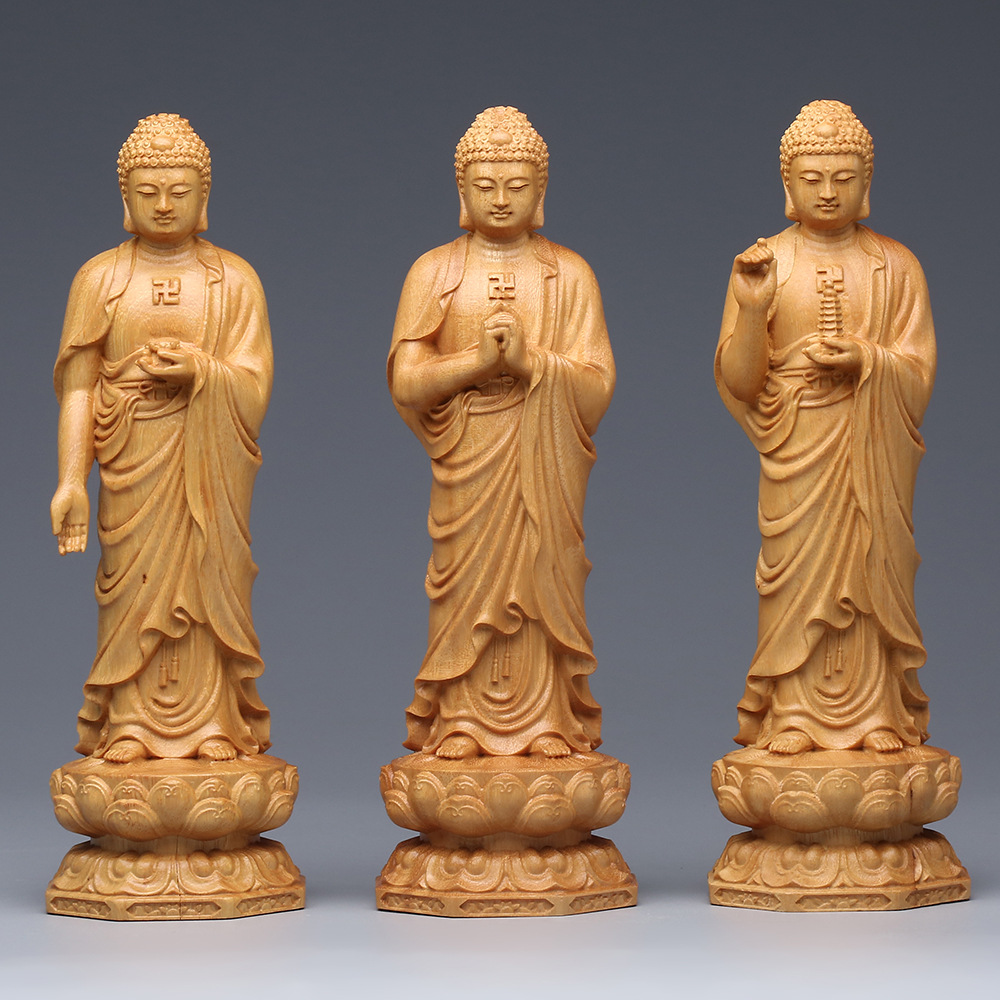崖柏木雕藥師佛像擺件 大勢至觀世音實木雕刻西方三聖居家裝飾品