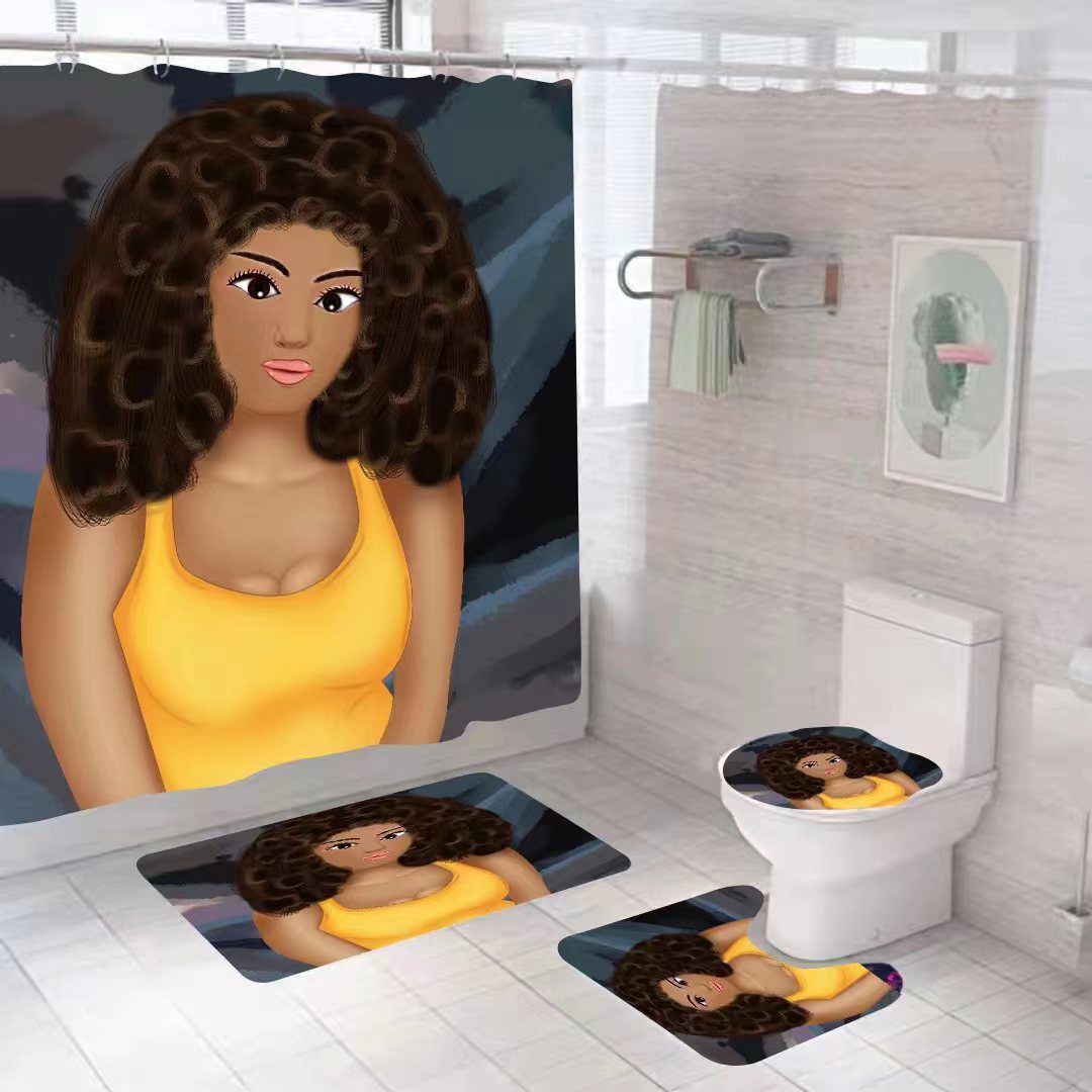 Amazon belleza africana impresión digital cuarto de baño cuatro piezas cortina de baño alfombra de suelo de poliéster impermeable secado rápido empalme antideslizante