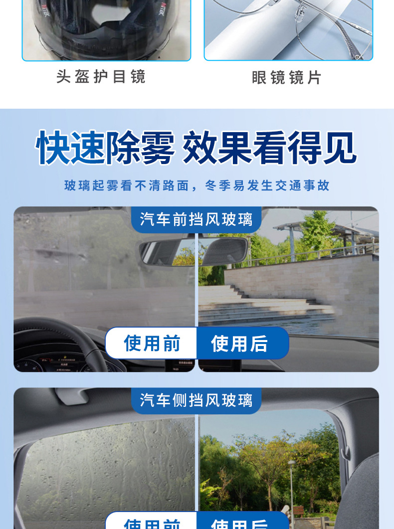 Car Fog Remover Spray for Glass, Press-Type Anti-Fog Wipe for Front Windshield, Side Windows, and Rearview Mirrors