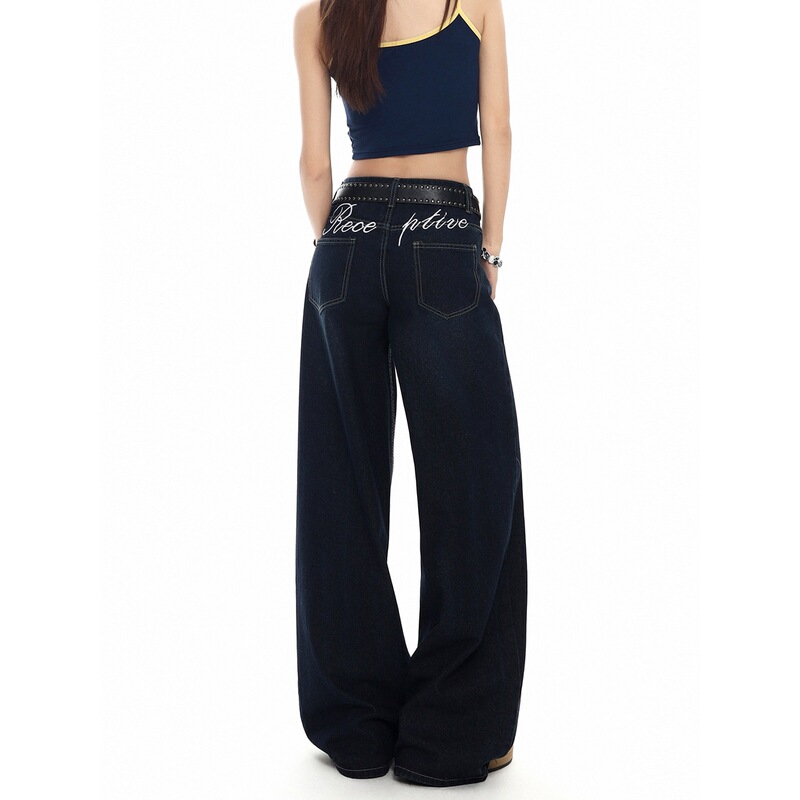 American-Style Spicy Girl Letter Embroidery Mid-Low Waist Jeans for Women, Fashionable Design Straight Wide-Leg Pants