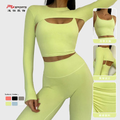 Cross-border INS style yoga women's fitness wear suspenders beautiful back bra long-sleeved T-shirt trousers fitness wear set