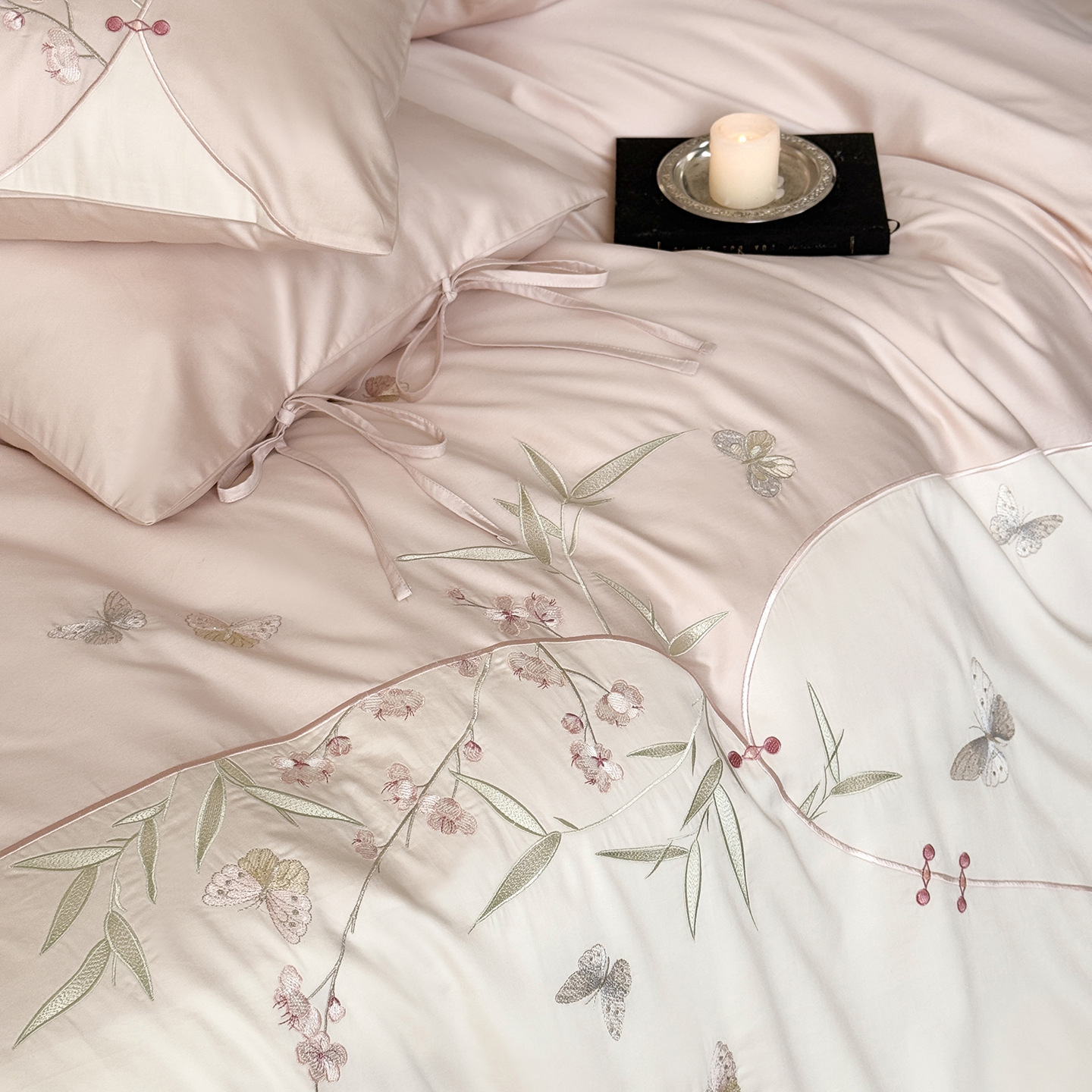 ¡Flor Shadow Shake! 100S algodón largo cuatro piezas de algodón bordado cubierta de edredón de algodón cuadrangular cubierta de almohada cuatro estaciones desnuda para dormir