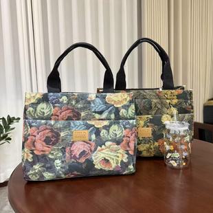 Vintage Handbag Tote Flower Oil Painting Style Work Portable Lunch Box Storage Bag Large Capacity Outgoing Mummy Bag