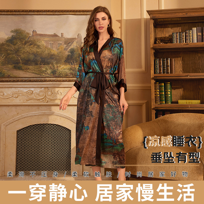 新款缎面丝绸系带女春夏轻奢长款睡袍 休闲风复古款式家居服睡衣