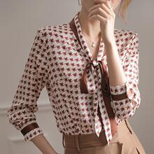 初秋款女装长袖真丝衬衫女高端蝴蝶结飘带减龄格子衬衣桑蚕丝上衣