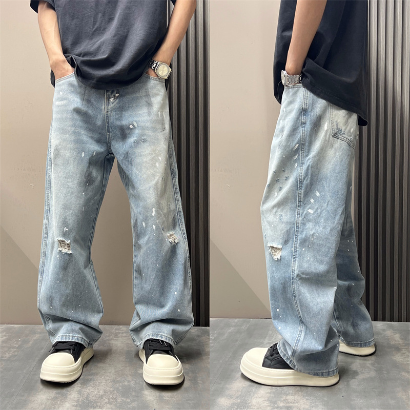 Ripped Ink-Splashed Jeans for Men, Straight-Leg Loose American High Street Pants, Trendy Brand, Handsome Retro Graffiti Design Trousers