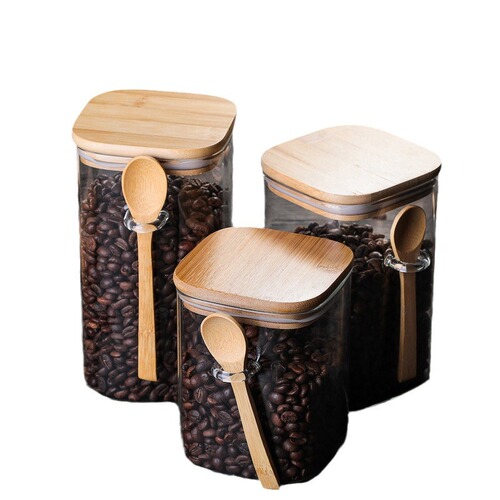 Japanese square glass sealed jar household coffee bean storage jar with wooden spoon condiment bottle kitchen food storage jar