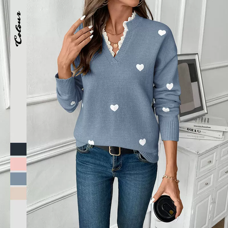 亚马逊独立站外贸秋冬热卖款欧美情人节服装跨境v领爱心毛衣女