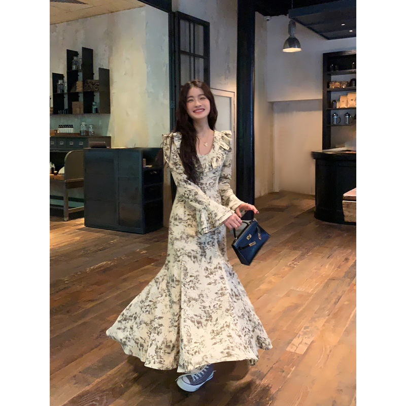 pusumede 法式碎花连衣裙女荷叶边设计感收腰气质鱼尾裙长款裙子|undefined