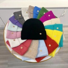 定染粉/灰色兔毛针织毛线帽女秋冬B字母帽子保暖防风堆堆帽冷帽潮