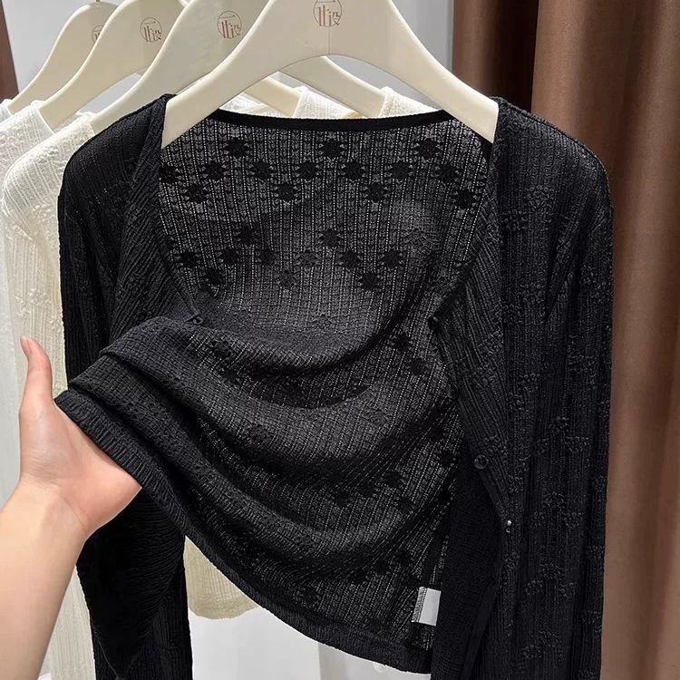 Solid Color Sun Protection Lace Cardigan for Women, Thin Long-Sleeved Air-Conditioning Shirt, Shawl, Short Style with Suspender Skirt and Blouse