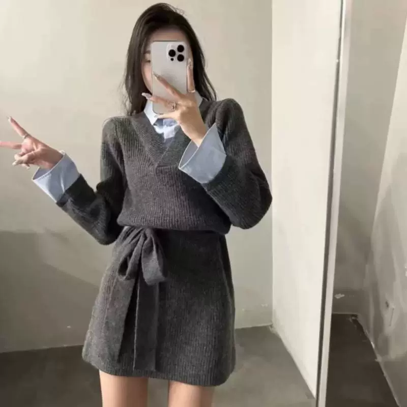 Зимний модный универсальный комплект, рубашка, шерстяное платье, корейский стиль, имитация рубашки