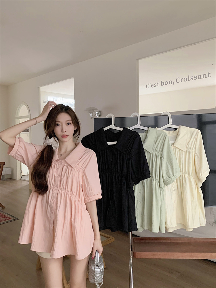 66033实拍遮肚子收腰正肩短袖衬衫女夏季显瘦荷叶边娃娃衫上衣