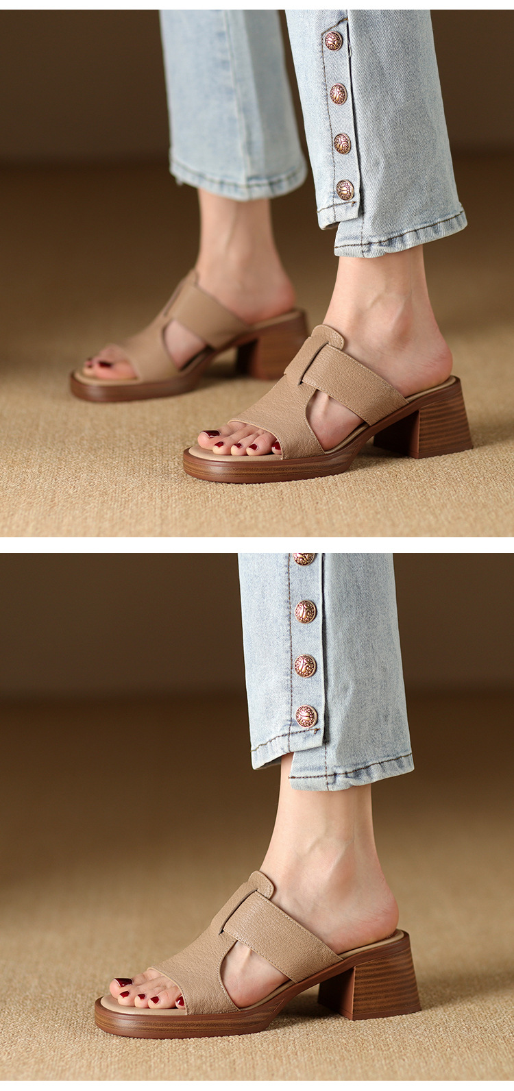 Dép sandal nữ đế dày gót vuông mũi hở 4.5 cm kiểu La Mã — đen chi tiết 7