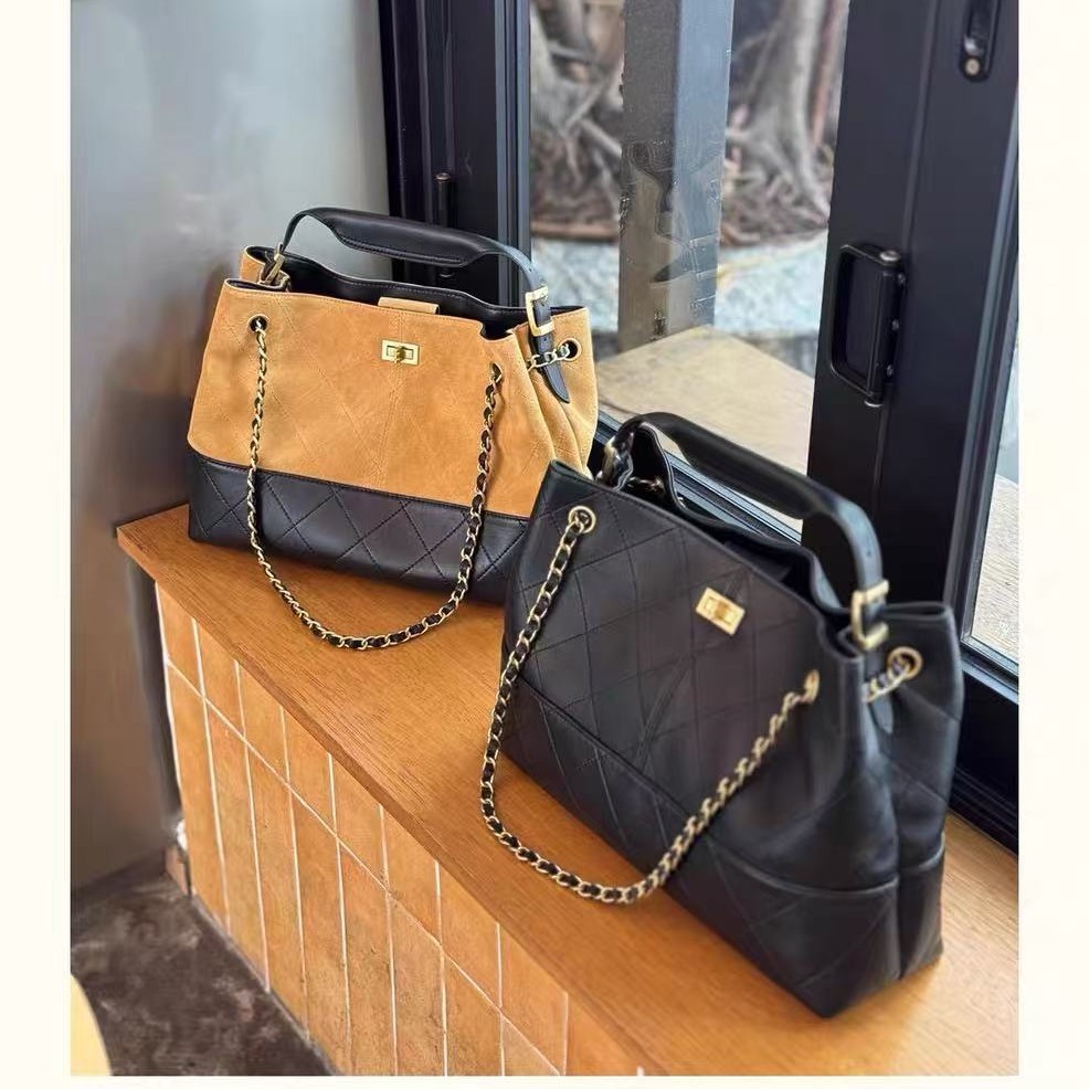 新款韩版时尚牛皮菱格链条小托特包单双肩包流浪包真皮水桶女包