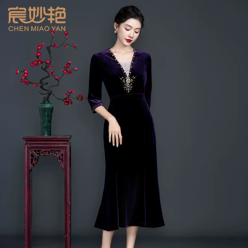 Autumn velvet dress for mother, for middle age