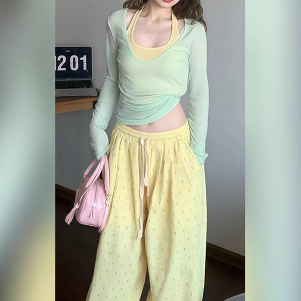 New Mint Green Two-piece Vest Blouse Long-sleeved T-shirt Women's Spring Dopamine Wear Pure Desire Hot Girl Top
