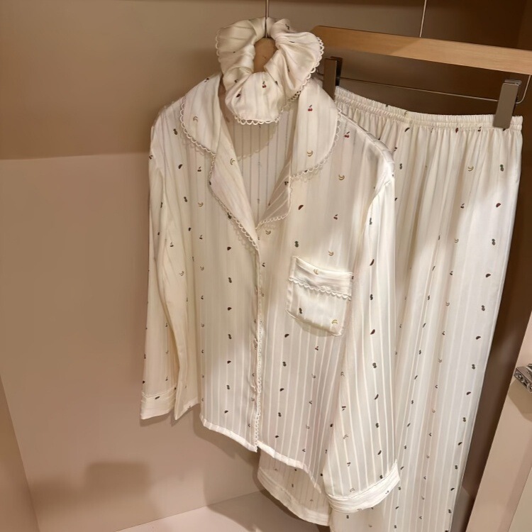 【Fruit Texture】Korean-Style Fresh and Simple Ice Silk Pajamas for Women, Sweet Lace Texture Loungewear That Can Be Worn Outside