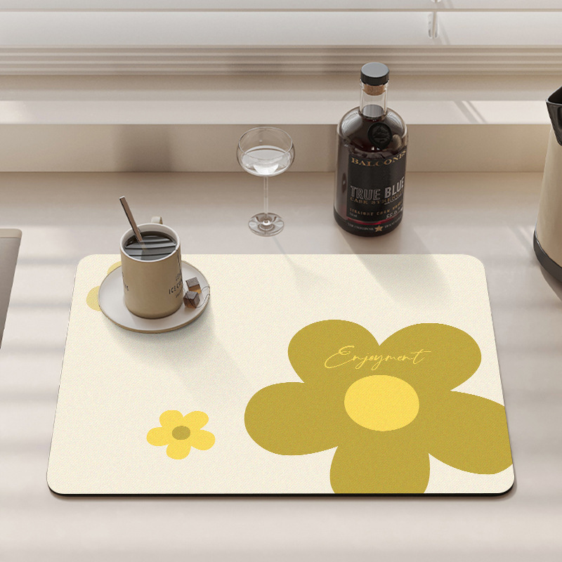 Fresh Floral Washbasin Diatomaceous Earth Absorbent Mat, Restaurant Kitchen Draining Mat, Bar Counter Coffee Table Non-Slip Mat