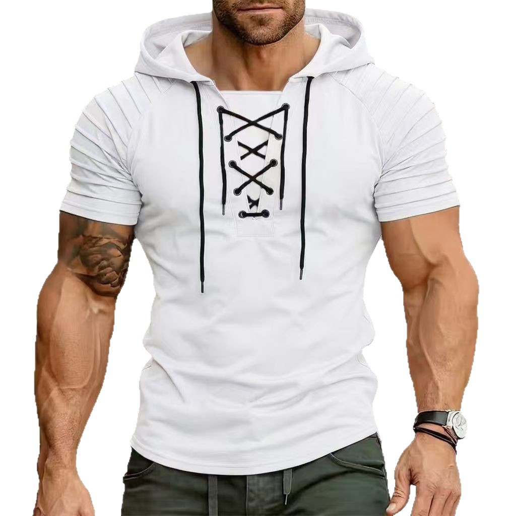 Summer New Men's Casual Sports Polo Shirt Pleated Arms Hooded Drawstring Top European American Style_voghion.com
