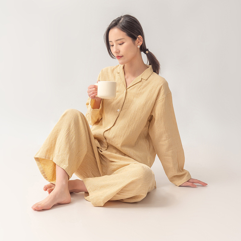 Japanese Style Long Pure Cotton Pajamas Set for Women Spring & Fall Double-Layer Cotton Gauze Pants Thin Long-Sleeved Home Clothes Loose Style