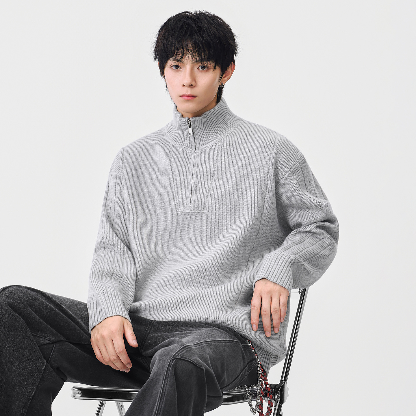 Jacket de cuello vertical japonés retro color sólido suéter versátil abrigo 2025 otoño invierno nuevo peso suelto