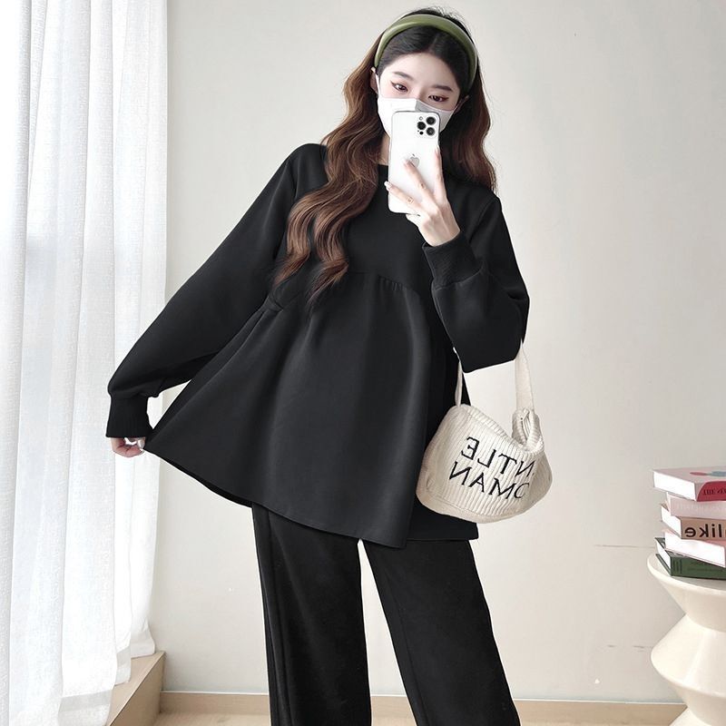 Maternity Autumn Fashion Set 2024 New Autumn and Winter Thickened Loose Sweatshirt to Cover the Belly