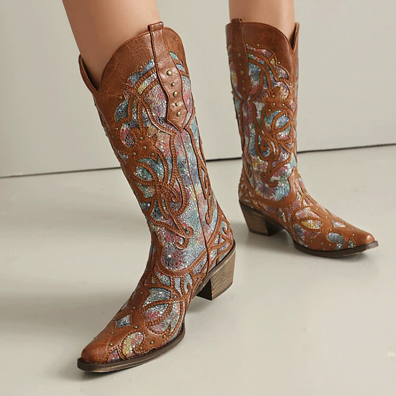 Заклепки с блестками Вышитые западные сапоги внешняя торговля осень новый европейский и американский стиль толстые туфли на каблуках