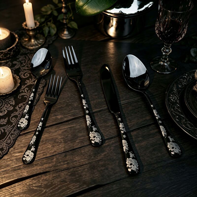 Dark Style Skull Rose Stainless Steel Cutlery 5-Piece Set Laser-Engraved Titanium-Plated Black Western-Style Knife, Fork, and Spoon Set Dark Style Skull Rose Stainless Steel Cutlery 5-Piece Set Laser-Engraved Titanium-Plated Black Western-Style Knife, Fork, and Spoon Set