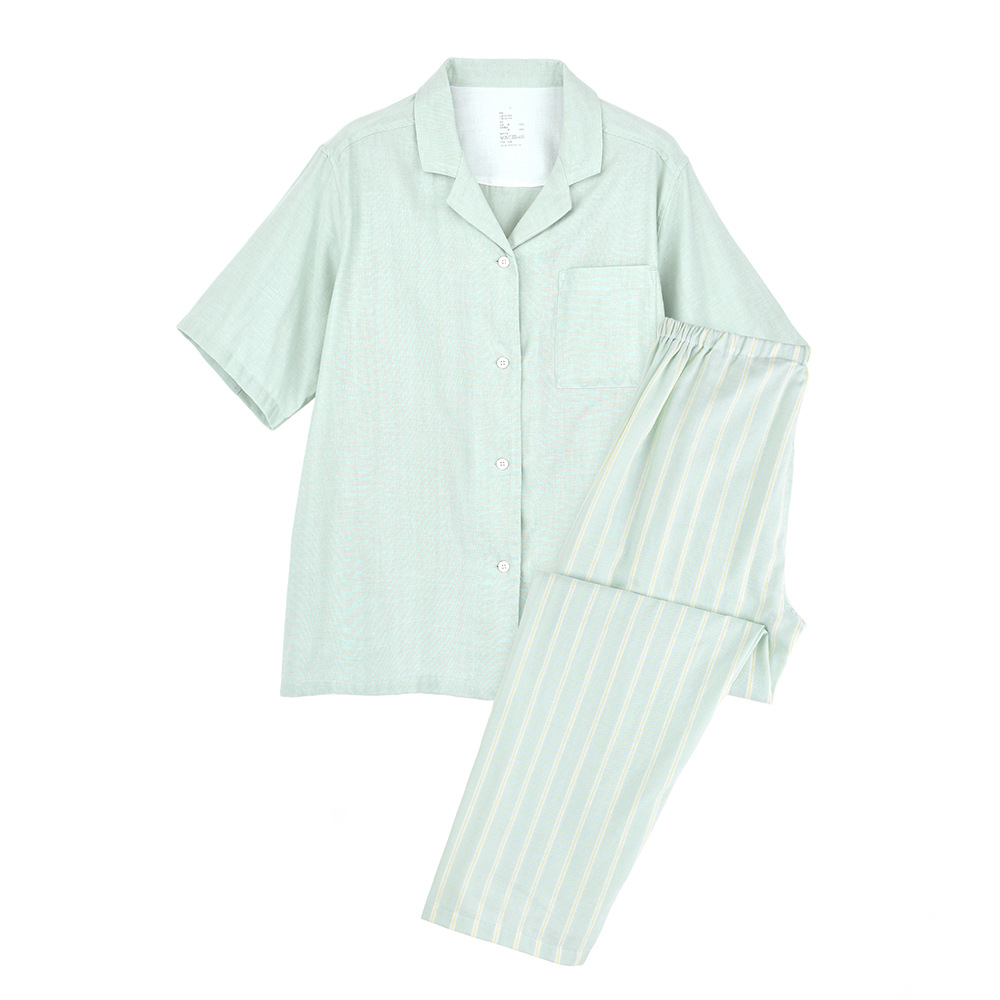 無印日式良品純棉無側縫睡衣短袖套裝情侶款雙層紗家居服男女夏季