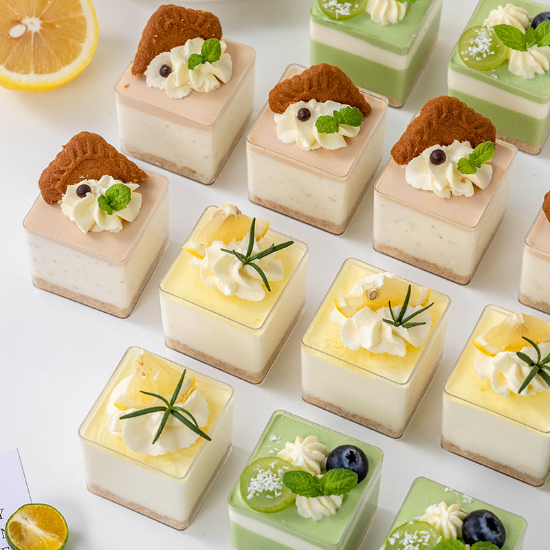 正方形慕斯杯蛋糕盒一次性杯子塑料西点甜品台九宫格布丁透明款