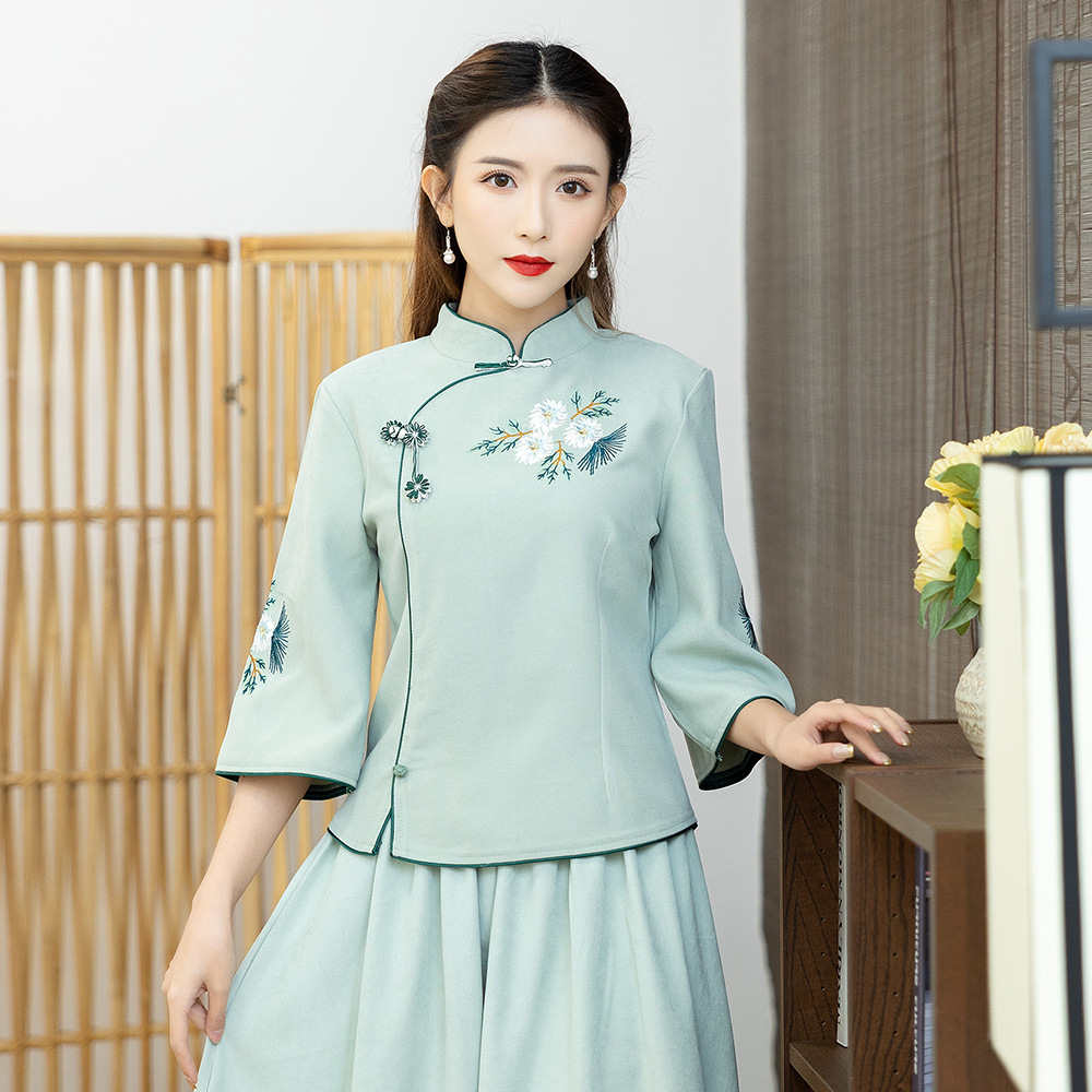 Carefully Selected Vintage Chinese-Style Daily Improved Tang Suit Cheongsam Cotton-Linen Embroidered Hanfu Top Chinese-Style Three-Quarter Sleeve Tea Dress