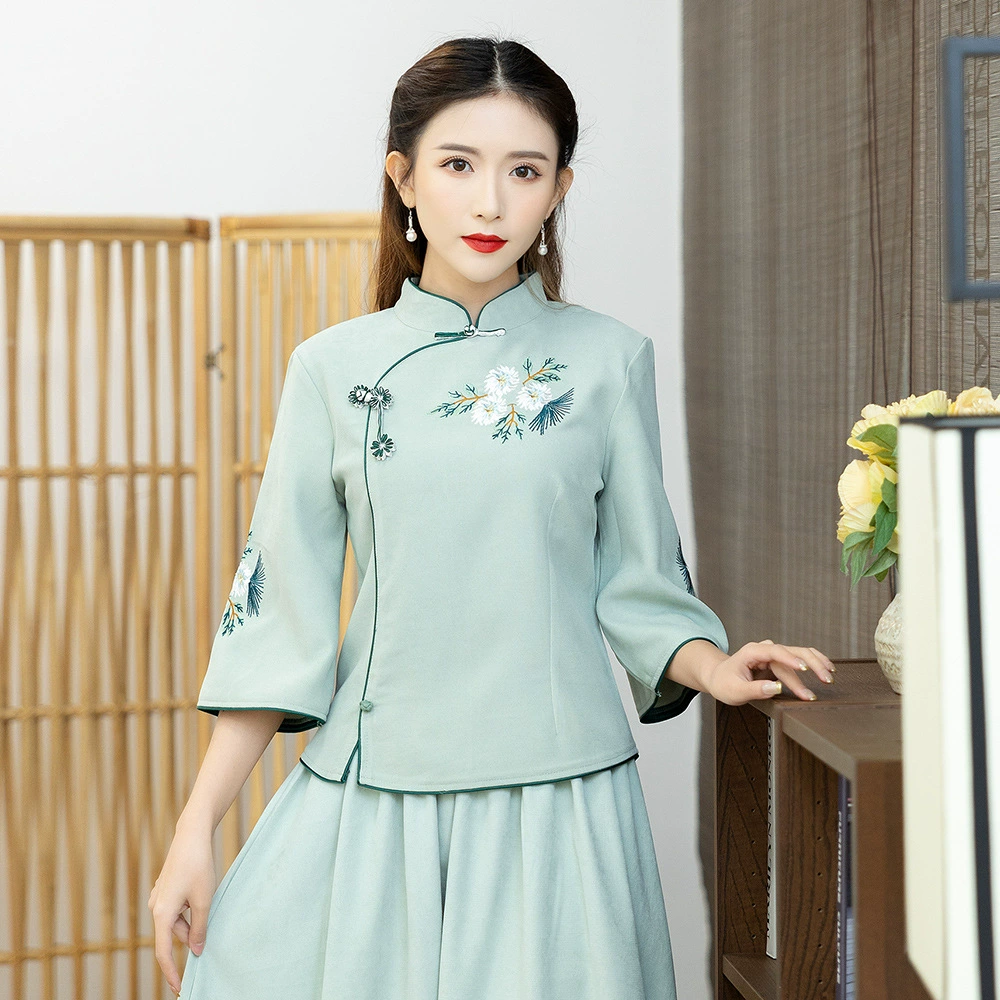 Тщепкий выбор ретро-национального стиля, ежедневное улучшение костюма Cheongsam хлопчатобумажный и льняный вышитый топ китайский стиль с семью рукавами